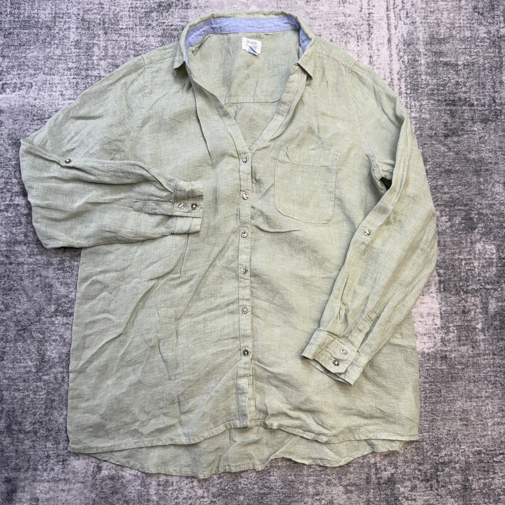Sigrid Olsen Linen Top Womens Large Pale Green Tunic Roll Tab Coastal Beach